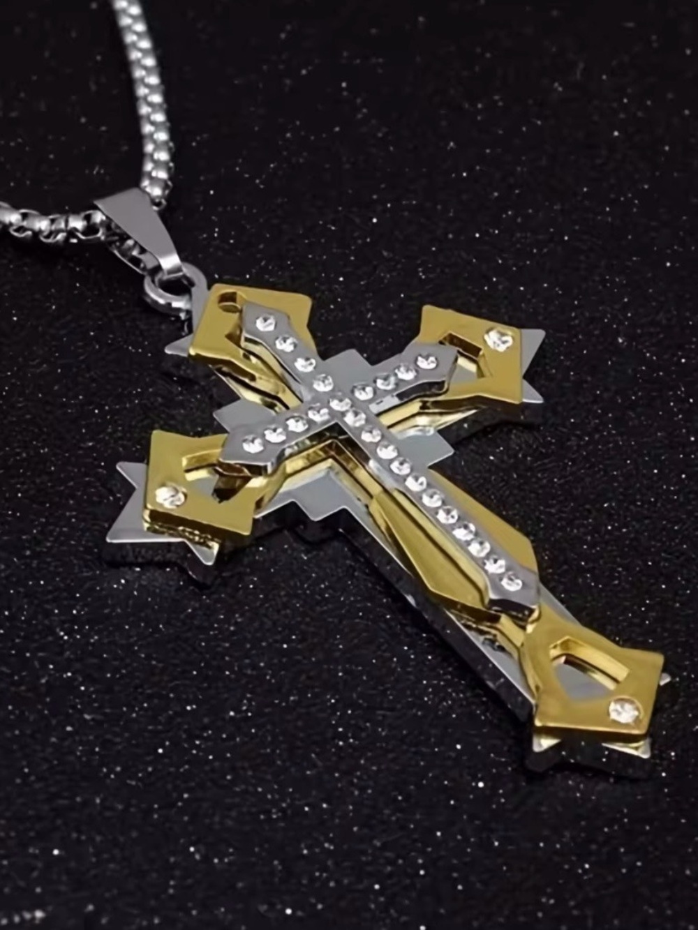 Gold & Silver Cross Pendant Necklace with Crystal Accents Unisex Stainless Steel